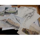 A folio containing architectural drawings and watercolours including ballet dancers, charcoal