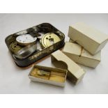 A selection of carriage clock balance wheels, box of dials etc..