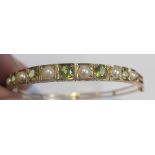 Vintage 9ct Gold Peridot and Pearl Bangle 63mm x 58mm - 11.5 grams total.