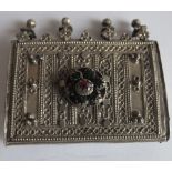 Antique White Metal Islamic? Incense Belt pouch set with Emerald-Ruby chips 70mm x 65mm