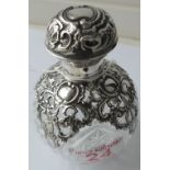 Antique Edwardian era Silver Topped/Body Scent Bottle - 4" tall approx 3 1/4" diameter.