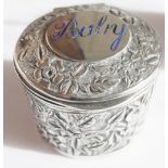 Antique Ewardian Silver Scrollwork Pot with Baby labelled Lid - 60mm diameter and 50mm tall.