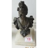 Antique Bronze Lady Bust on Marble Plinth approx 90mm tall.