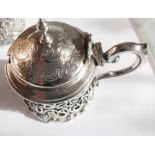 Antique Victorian Ornate Pattern Silver Mustard Pot - 105mm at widest and 85mm tall.