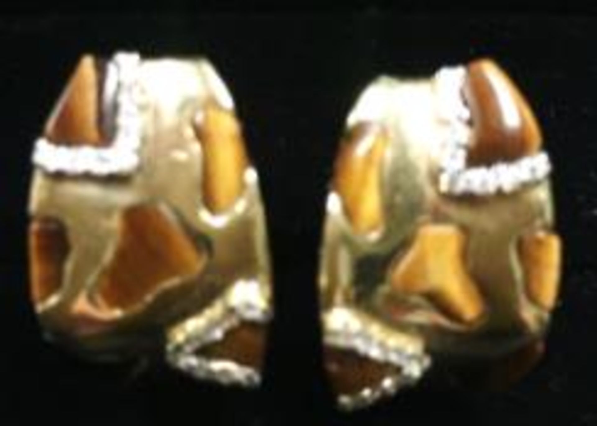 Pair of 18ct yellow gold earrings set with Tigers Eye and diamonds