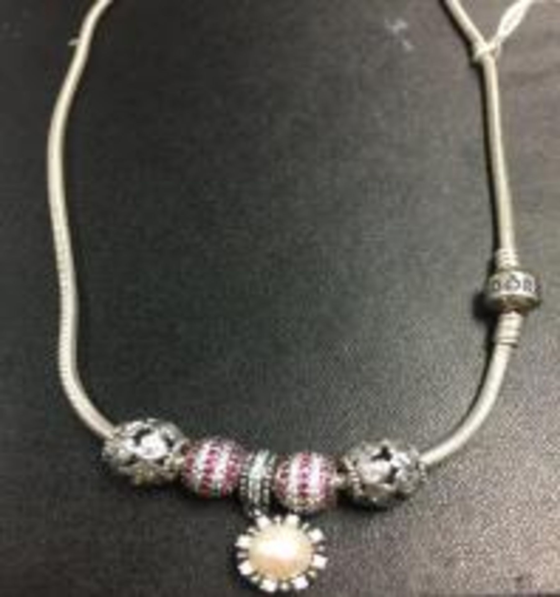 Sterling silver Pandora necklace with 4 beads and pendant (58.4g)