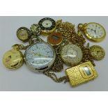 Eight pendant watches and a quartz pocket watch