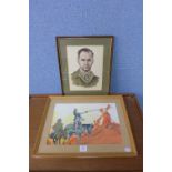 A half portrait of WWII soldier, watercolour and John M Robertson, Don Quixote,