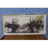 * Hawkes, fishing boats in harbour, oil on board,