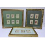 Three framed sets of silk cigarette cards depicting ceramics