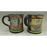 A pair of Denby Glyn Colledge mugs decorated with interior scenes with huntsmen