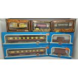 Model railway; three Mainline wagons, two Airfix wagons and two coaches, (7),