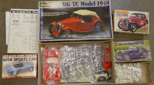 Four MG model kits; Revell MG TC 1948, Matchbox MG TC Sports, Airfix MG K3 Magnette and Advent MGB,