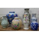 Seven vases; lustre Price Kensington, oriental lidded, etc.