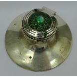 A silver capstan inkwell with enamel decorated top, early 20th Century, worn Birmingham hallmark, F.