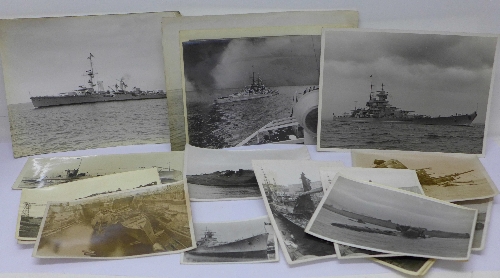 A collection of German photographs including military warships and bomb damage