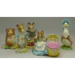 Five Beswick Beatrix Potter figures, Johnny Town-Mouse, Jemima Puddleduck, Hunca Munca,