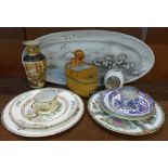 Oriental style porcelain and pottery including five plates, serving plate,