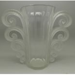 A Lalique Beauvais glass vase, signed, with frosted scroll handles, small chip to handle,