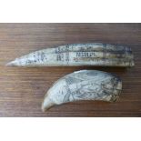 Two reproduction resin scrimshaw style tusks