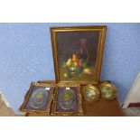 * Demazia, still life of fruit in a bowl, oil on canvas, a pair of Italian still life's of flowers,