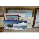 Louis Peacock, deer in a winter landscape, oil on canvas, a Montague Dawson marine print, etc.