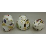 Three Royal Crown Derby paperweights including Sleeping Dormouse and Bank Vole