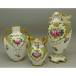 Three Royal Doulton porcelain hand painted vases, the largest signed E. Wood, 16.