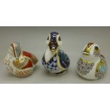 Three Royal Crown Derby duck paperweights including Teal Duckling