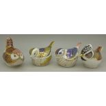 Four Royal Crown Derby bird paperweights including Firecrest and Crested Tit