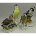 Two Lefton china figures of birds, Warbler and Snow Bird, and two other figures of birds, one a/f,