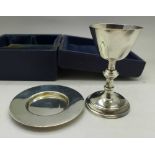 A silver part communion set, small tray bears inscription dated 1950,