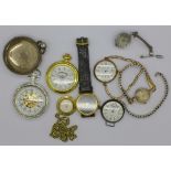 A silver pocket watch case, two Waltham wristwatches, a/f, etc.