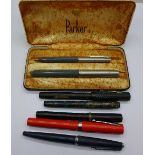 Pens; Parker pen set, Burnham, Morpans, Conway Stewart,