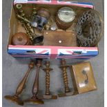 Metalware, barleytwist candlesticks, wooden boxes, etc.