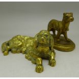 A brass inkwell in the form of a dog and one other brass dog on base