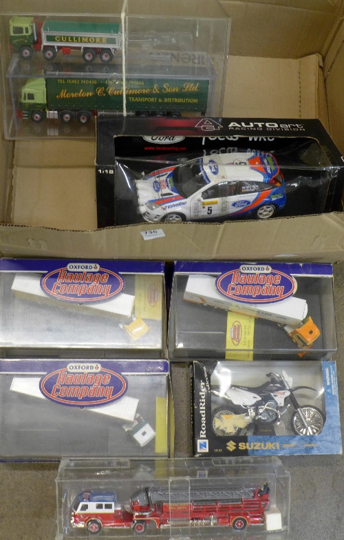 Model vehicles; three Oxford Haulage Company, Autoart Ford Focus, Corgi Fire Engine,