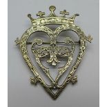 A sterling silver Scottish heart and crown design brooch, marked Iona,