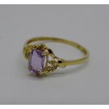 A 9ct gold, amethyst and diamond ring, 0.