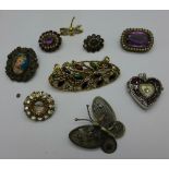 Jewellery including three amethyst set brooches, a heart shaped locket, a butterfly brooch, etc.