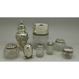 A Walker & Hall silver sugar shaker, Birmingham 1900, a silver topped salts jar,