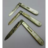 Three silver and mother of pearl fruit knives including Victorian