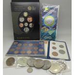 Coin sets and coins including 1977 UK Brilliant Uncirculated £2 coin, The Royal Shield of Arms,