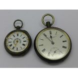 A silver pocket watch, lacking winder, and a silver fob watch, lacking glass,