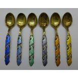 A set of six 925 silver and enamelled coffee spoons