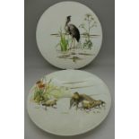 A pair of Victorian hand painted plates decorated with birds, one a/f, 22.