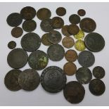 Copper coins including a 1797 cartwheel two pence, pennies, a guinea, tokens,