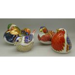 Four Royal Crown Derby paperweights, Mandarin Duck (silver stopper), Pheasant (silver),