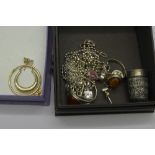 A Charles Horner silver thimble, silver jewellery and four 9ct gold earrings, weight of gold 1.