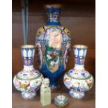 Cloisonne; a vase, a/f, a pair of vases and a lidded pot,